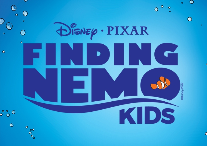 Underwater scene with finding nemo kids logo, containing orange Nemo character