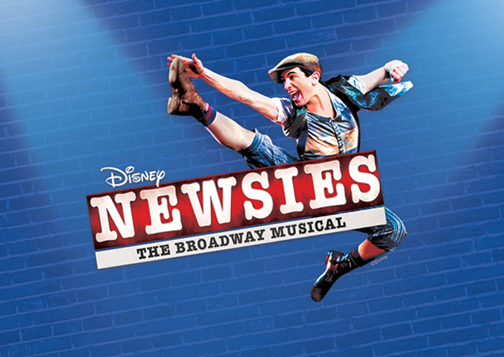 Blue brick background, dancer in pose with leg in air and logo for Disney's Newsies