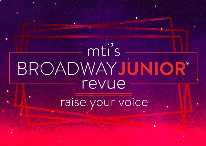 Purple and red background with Broadway Junior logo and angled rectangles