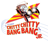 Flying car with red and yellow wings. Words 'Chitty Chitty Bang Bang JR' appear as though written on a music staff in red lettering.