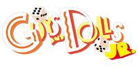 Guys and dolls jr text in old-style US font with dice appearing