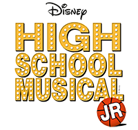 High School Musical in gold lettering featuring lightbulbs. JR sits in a red basketball.