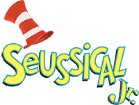 Word 'Seussical JR' in yellow with red and white top hat above the e.