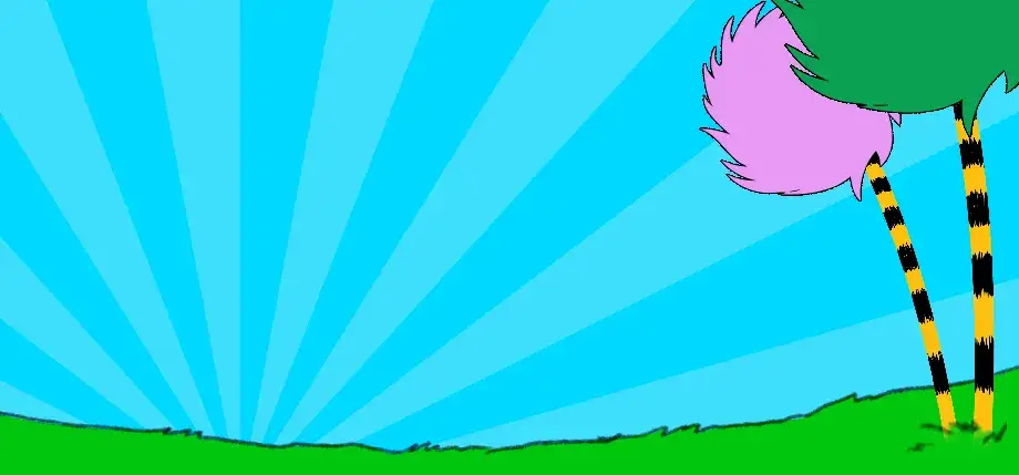 Green grass with a blue sky. On the right are pink and green Truffula trees with black and yellow trunks.