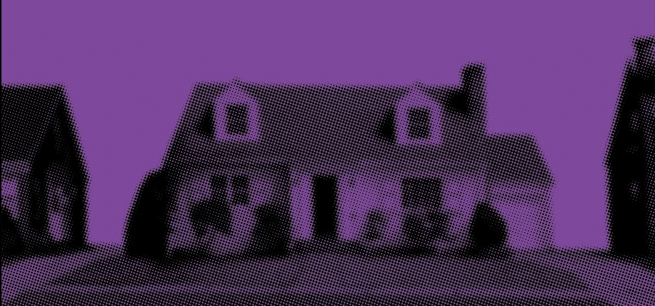 purple background with black silhouette of a house