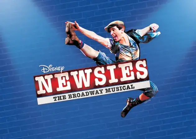 Blue brick background, dancer in pose with leg in air and logo for Disney's Newsies