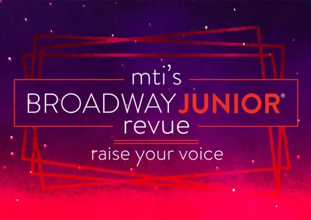 Purple and red background with Broadway Junior logo and angled rectangles