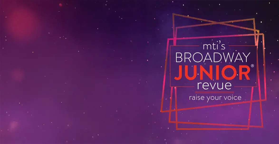Purple and red background with Broadway Junior logo and angled rectangles