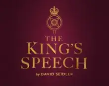 Burgundy background with gold lettering 'The King's Speech' and gold royal emblem 