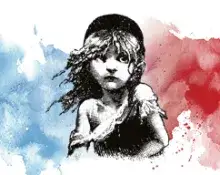 Cosette illustration with blue and red watercolour background