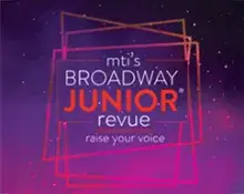 Purple and red background with Broadway Junior logo and angled rectangles