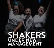 Photograph of three women bouncers in a club with 'SHAKERS Under New Management' text