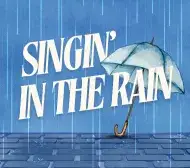 Blue water colour image of an umbrella and rain with the text singin in the rain