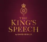 Maroon background with gold royal insignia and the words 'The King's Speech by David Seidler' in gold