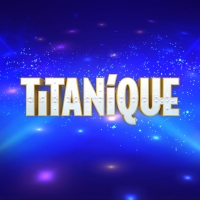 Titanique text logo with a sparkling, blue disco background