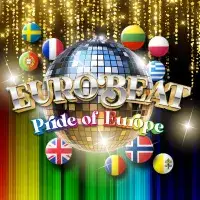 Eurobeat name in front of glitter ball, ten flags and a pride/glitter background