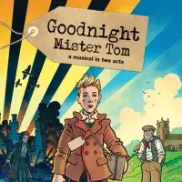 Young boy with suitcase in war setting, spitfires in the air and logo of Goodnight Mister Tom appears as a bag tag