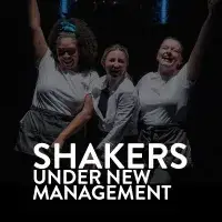 Photograph of three women bouncers in a club with 'SHAKERS Under New Management' text